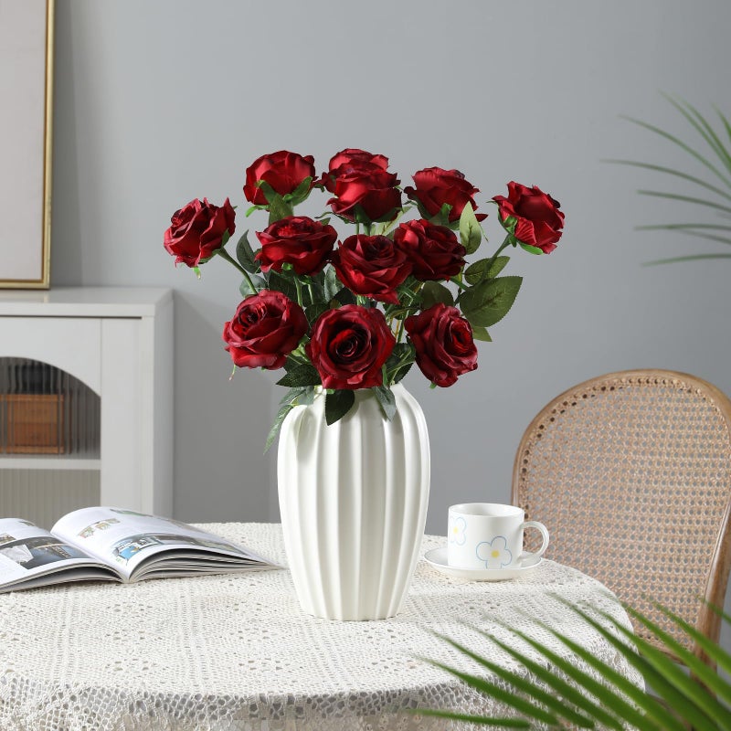 Tifuly 12pcs Red Roses Artificial Flowers,Realistic Long Stem Fake Silk Roses Bouquet for Party Home Wedding Centerpiece Office DIY Decorï¼ˆBurgundyï¼‰ - Image 3